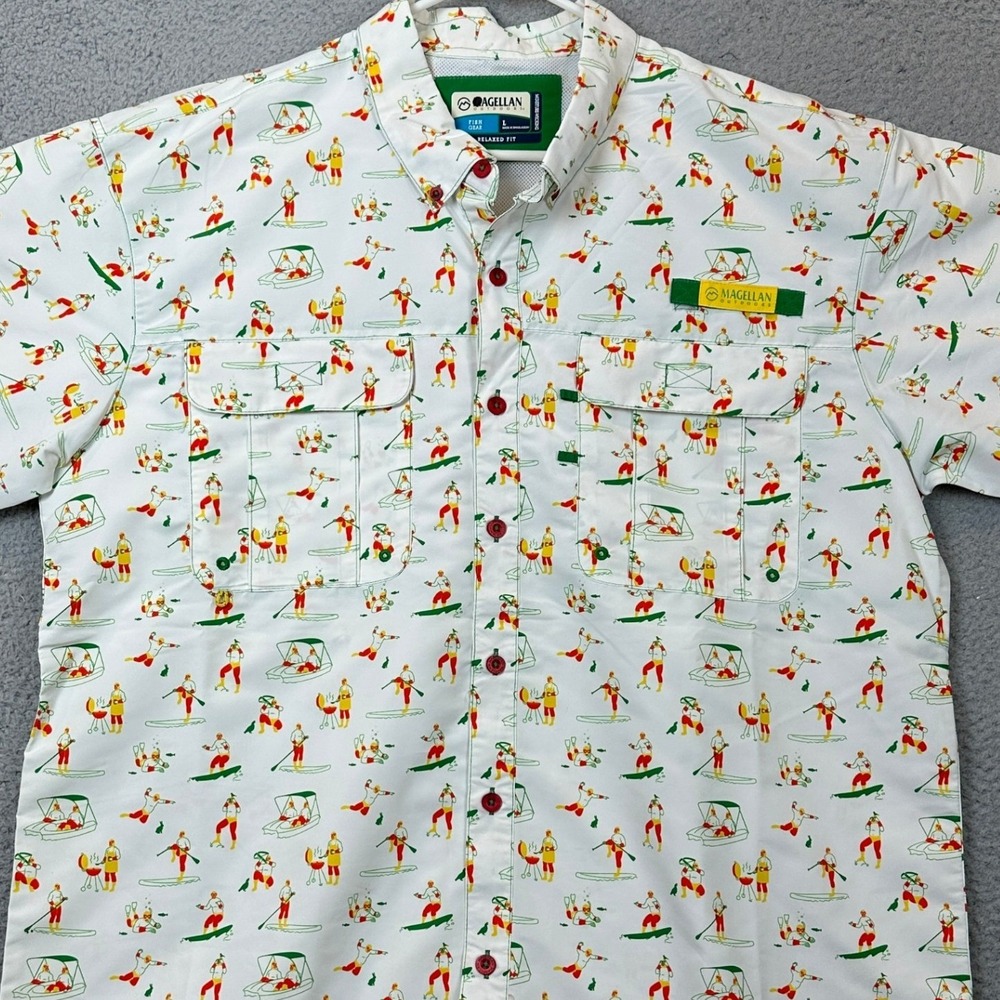 Magellan Outdoors Shirt Mens Large Fish Gear White Lucha Libre Button Down EUC
